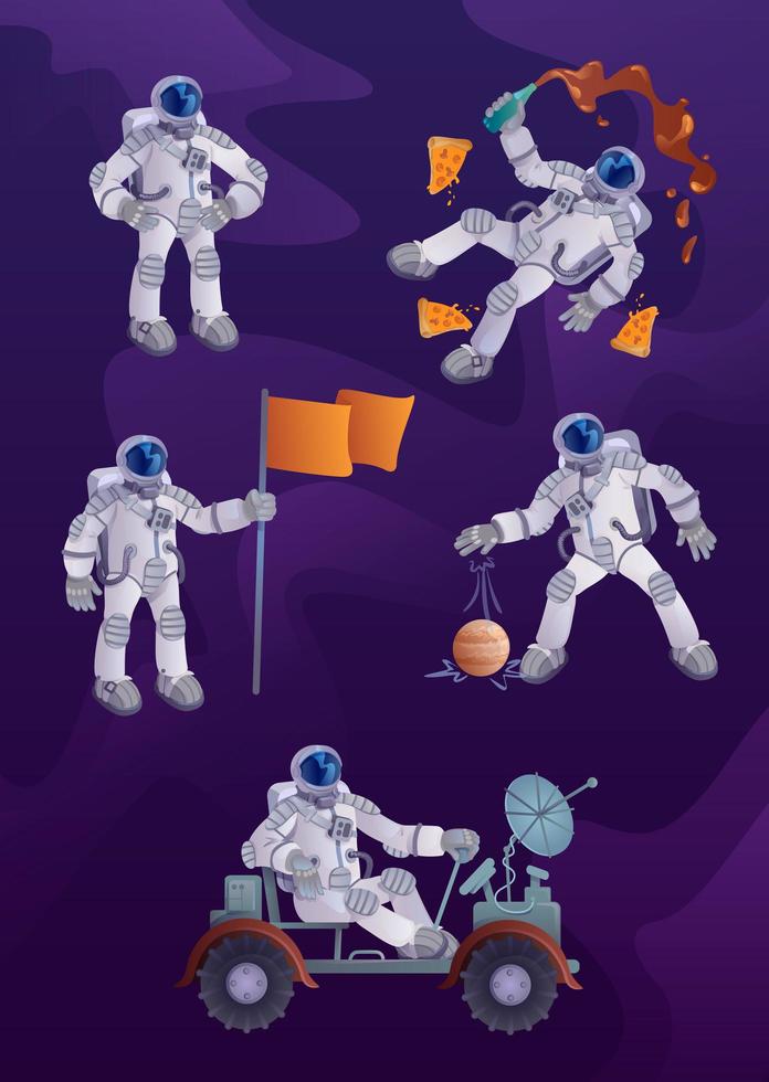 cosmonaut 2d tecknad karaktär illustrationer kit vektor