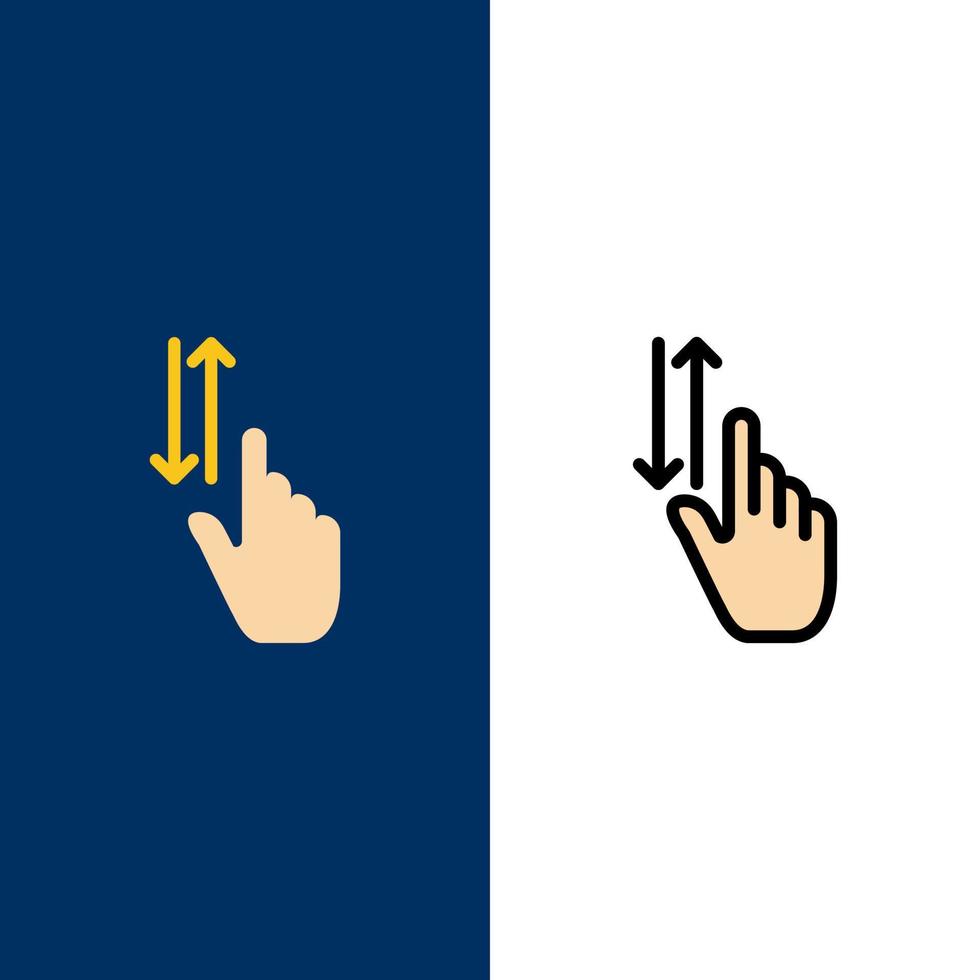 Fingergesten Hand nach oben nach unten Symbole flach und Linie gefüllt Symbolsatz Vektor blauen Hintergrund