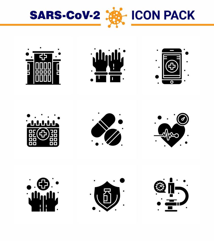 Coronavirus-Präventionsset-Symbole 9 solides schwarzes Glyphen-Symbol wie Pflegepille Online-Medizin medizinisches virales Coronavirus 2019nov-Krankheitsvektor-Designelemente vektor