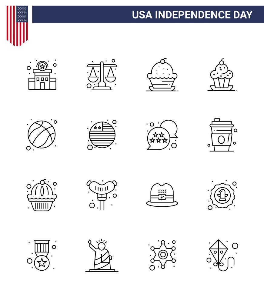 Line-Pack mit 16 Symbolen für den Unabhängigkeitstag der USA von Country Football Cake Ball Thanksgiving editierbare usa-Tag-Vektordesign-Elemente vektor