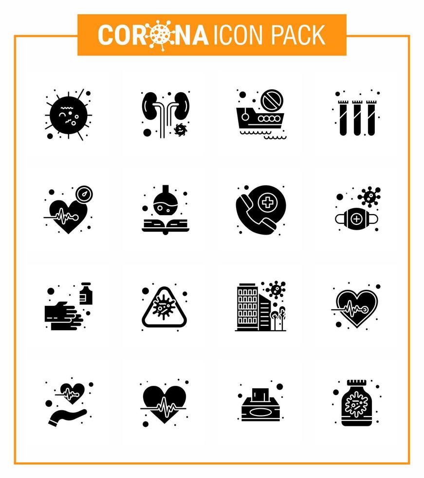 covid19-symbolsatz für infografik 16 solides glyphenschwarzes paket wie beat-test-nierenlaborreise virales coronavirus 2019nov-krankheitsvektor-designelemente vektor