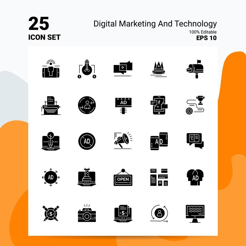 25 digital marknadsföring och teknologi ikon uppsättning 100 redigerbar eps 10 filer företag logotyp begrepp idéer fast glyf ikon design vektor