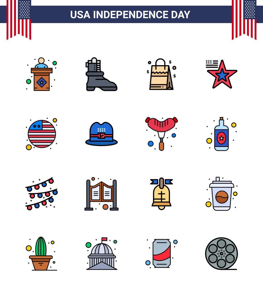 packa av 16 USA oberoende dag firande platt fylld rader tecken och 4:e juli symboler sådan som internationell flagga Land handväska USA amerikan redigerbar USA dag vektor design element