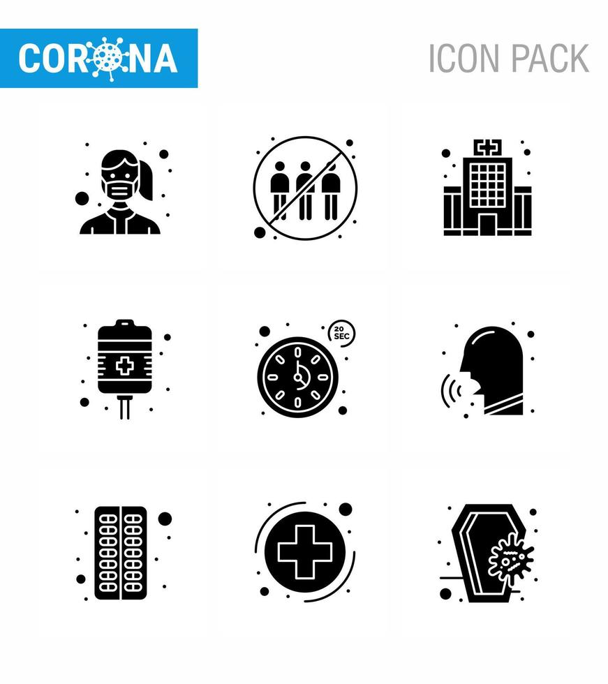 Coronavirus 9 Solid Glyph Black Icon Set zum Thema Corona-Epidemie enthält Icons wie Health Care Recovery Infektion Tropf Medical Virus Coronavirus 2019nov Disease Vector Design Elemen