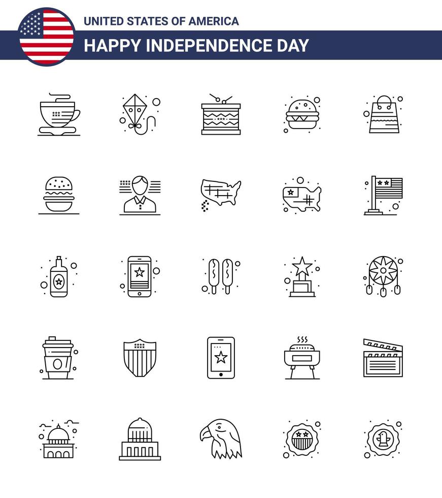 Stock Vektor Icon Pack mit amerikanischen Tag 25 Zeilenzeichen und Symbolen für Shop Geld irische Tasche Fast Food editierbare usa Tag Vektor Design Elemente