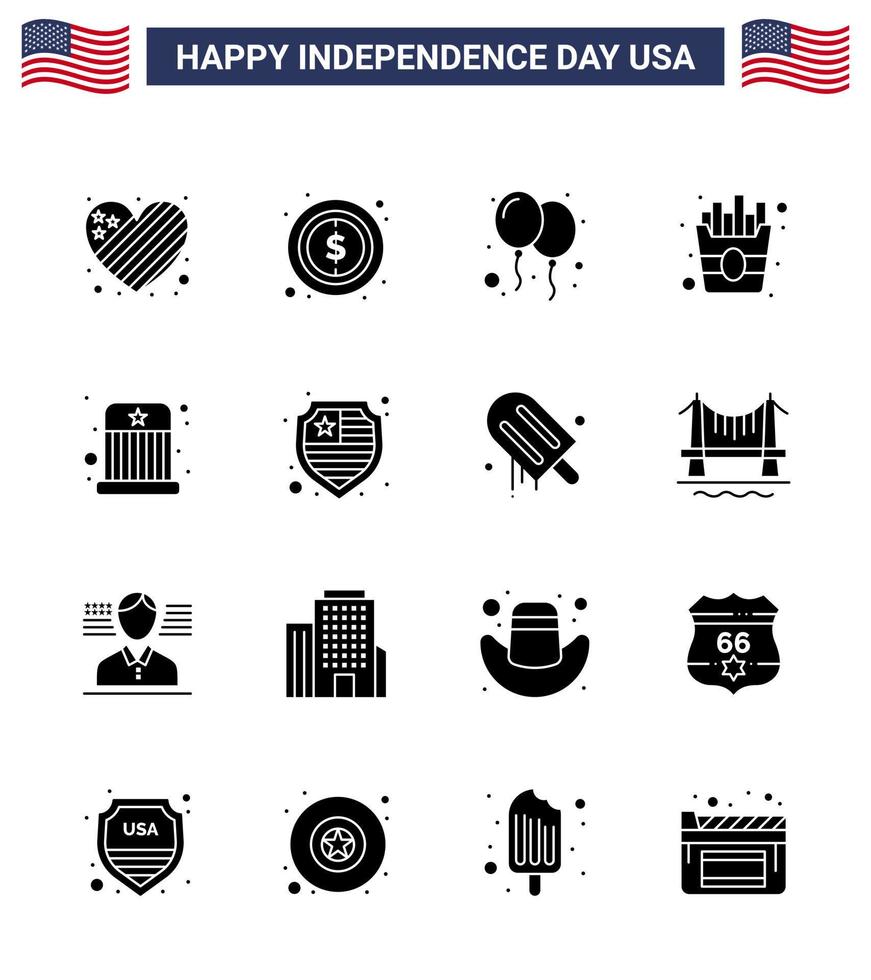 moderner satz von 16 soliden glyphen und symbolen am usa-unabhängigkeitstag wie kinderzirkusballons pommes schnell editierbare usa-tag-vektordesignelemente vektor