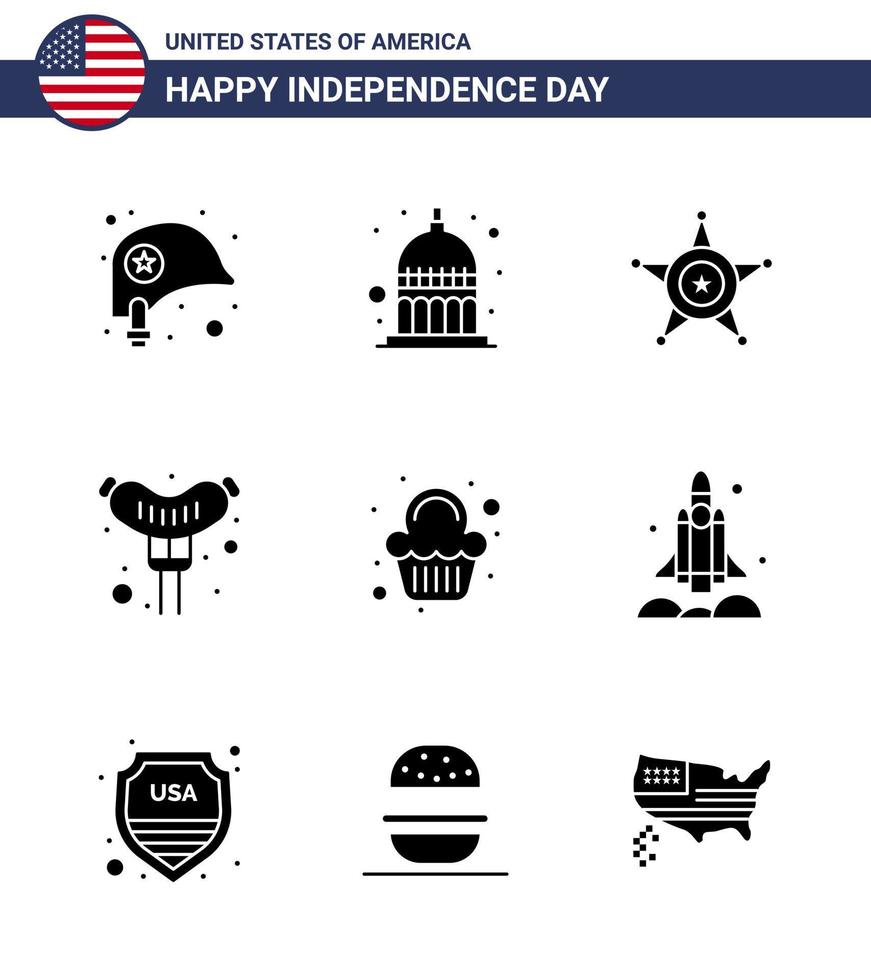 Stock Vektor Icon Pack von American Day 9 Zeilenzeichen und Symbolen für süße Kuchen Männer Wurst Essen editierbare Usa Day Vektor Design Elemente