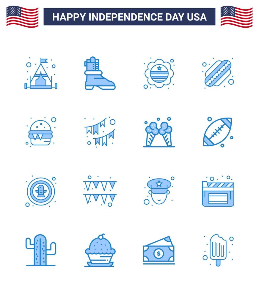 modern uppsättning av 16 blues och symboler på USA oberoende dag sådan som amerikan mat internationell flagga snabb stater redigerbar USA dag vektor design element