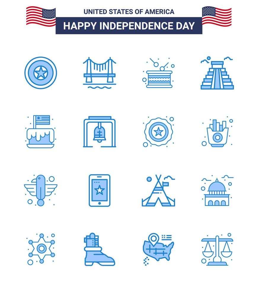 USA oberoende dag blå uppsättning av 16 USA piktogram av festival amerikan dag landmärke oberoende redigerbar USA dag vektor design element