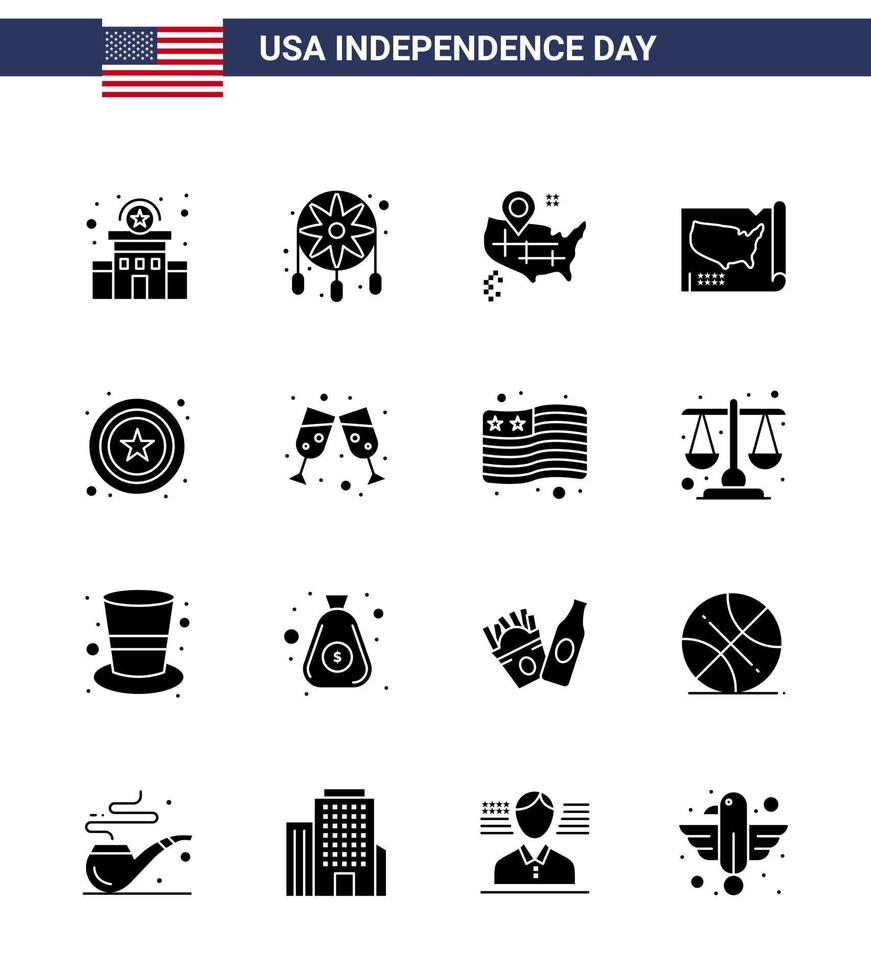 Happy Independence Day Pack mit 16 soliden Glyphen Zeichen und Symbolen für Zeichen Polizei Standort USA Staaten editierbare USA Tag Vektor Design Elemente