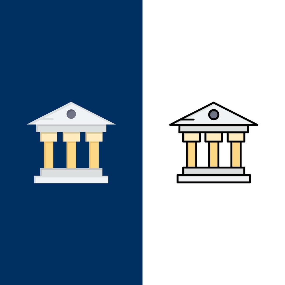 Bankgebäude Geld Service Symbole flach und Linie gefüllt Icon Set Vektor blauen Hintergrund