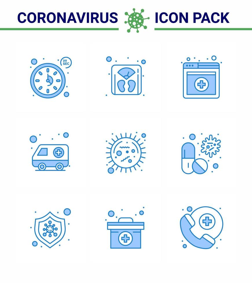 Corona-Virus 2019 und 2020 Epidemie 9 blaues Symbolpaket wie Krankheit Corona medizinisches Transportauto virales Coronavirus 2019nov Krankheitsvektor-Designelemente vektor