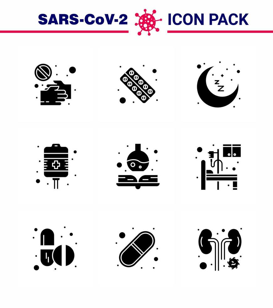 coronavirus förebyggande uppsättning ikoner 9 fast glyf svart ikon sådan som återhämtning resten tid form sömn måne viral coronavirus 2019 nov sjukdom vektor design element