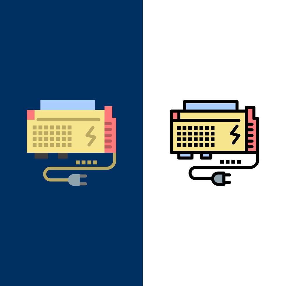 ca. batteri dator kraft källa ikoner platt och linje fylld ikon uppsättning vektor blå bakgrund