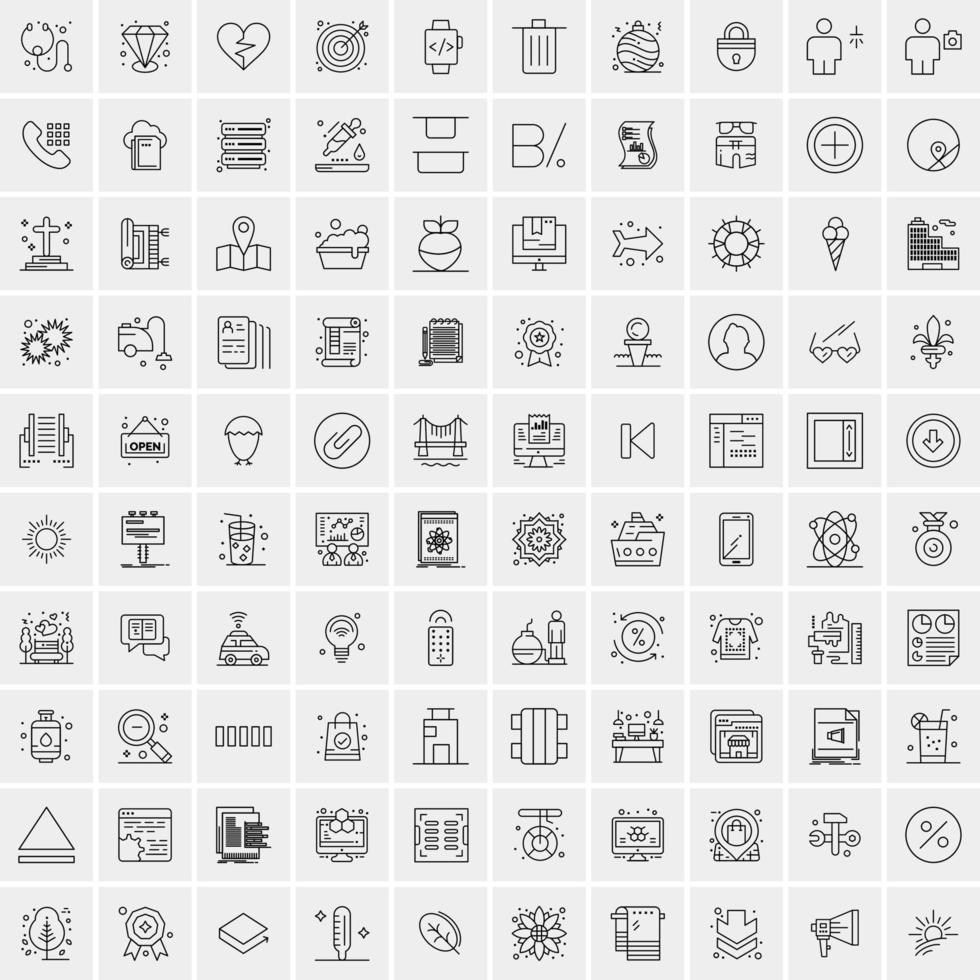 packa av 100 universell linje ikoner för mobil och webb vektor
