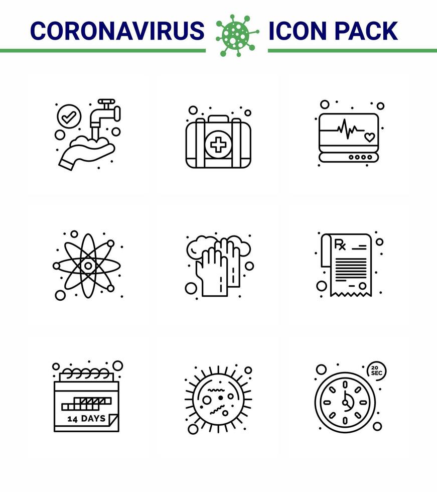 coronavirus medvetenhet ikon 9 linje ikoner ikon inkluderad händer forskning nödsituation vetenskap atom viral coronavirus 2019 nov sjukdom vektor design element