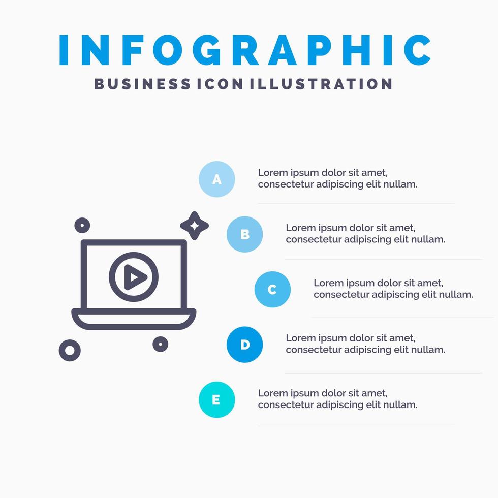 Laptop Play Video Liniensymbol mit 5 Schritten Präsentation Infografiken Hintergrund vektor