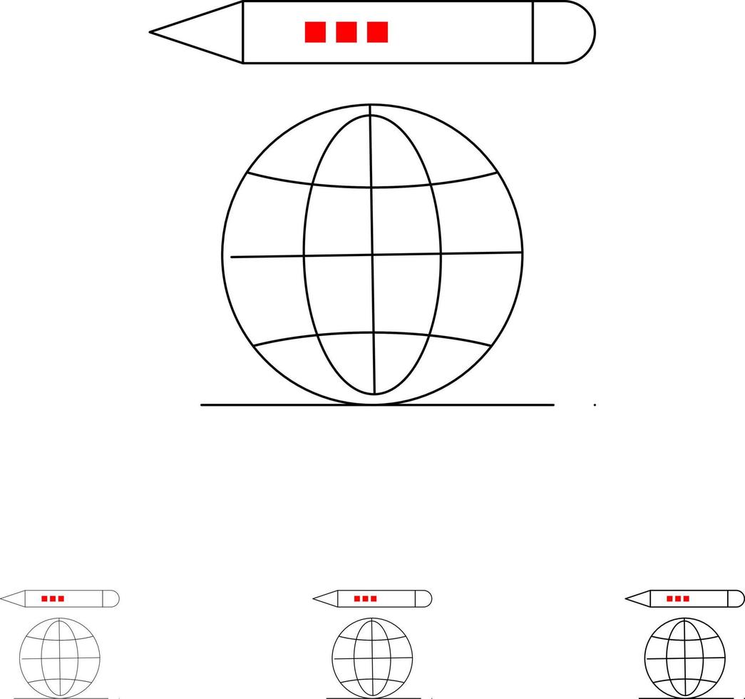 World Education Globe Bleistift Fett und dünne schwarze Linie Symbolsatz vektor