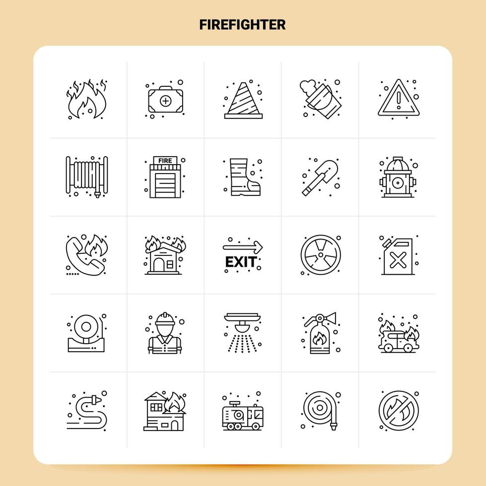 Umriss 25 Feuerwehrmann Icon Set Vektor Linienstil Design schwarze Icons Set lineare Piktogramm Pack Web und mobile Geschäftsideen Design Vektor Illustration