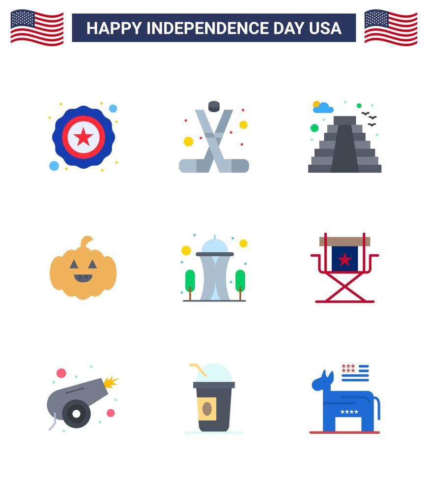 modern uppsättning av 9 flats och symboler på USA oberoende dag sådan som nål byggnad amerikan USA pumkin redigerbar USA dag vektor design element