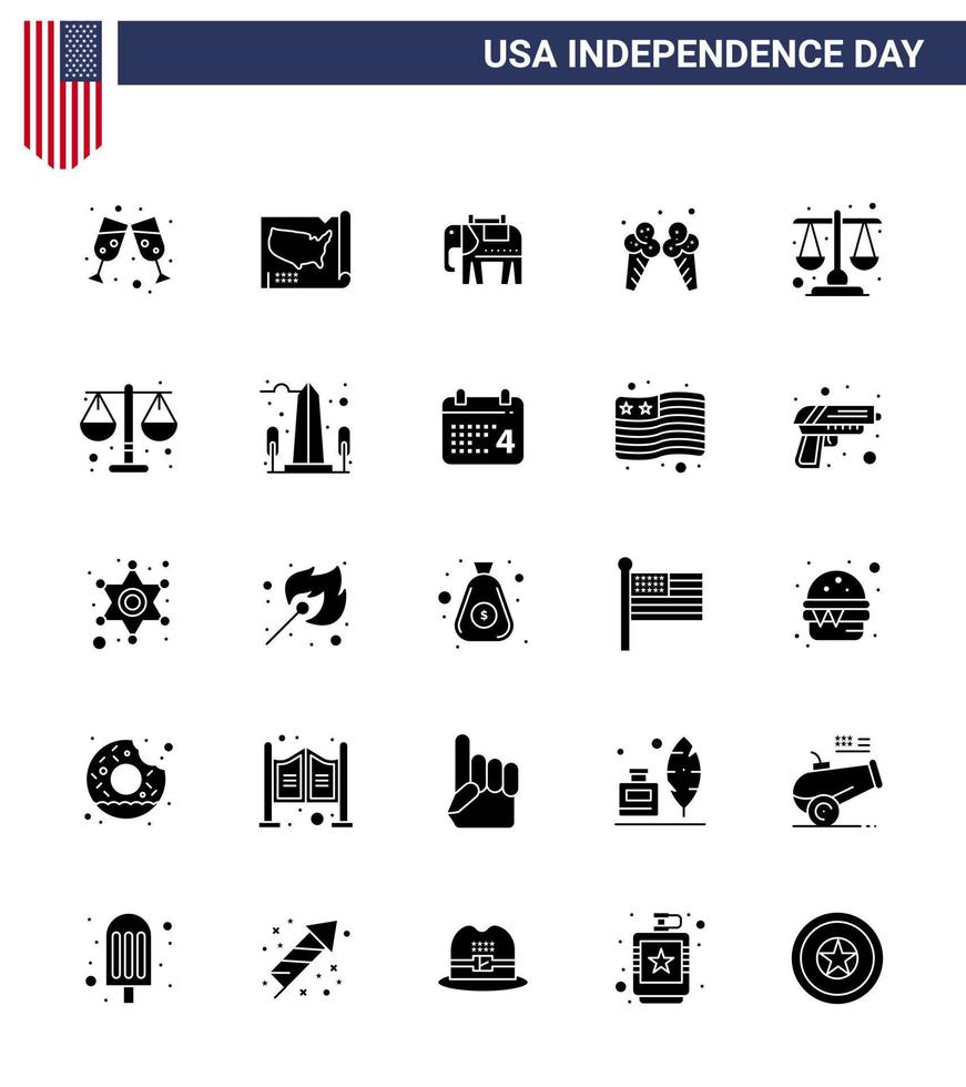 25 usa Solid Glyph Pack of Independence Day Zeichen und Symbole der Skala Gerechtigkeit American Court Cream editierbare usa Day Vektordesign-Elemente vektor