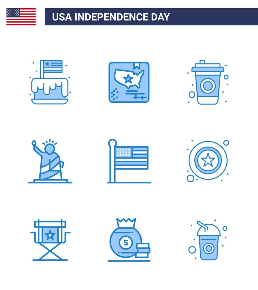 USA oberoende dag blå uppsättning av 9 USA piktogram av flagga staty värld av landmärken redigerbar USA dag vektor design element