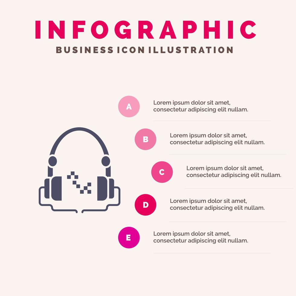 Kopfhörer Musik Audio Hand frei solide Symbol Infografiken 5 Schritte Präsentationshintergrund vektor