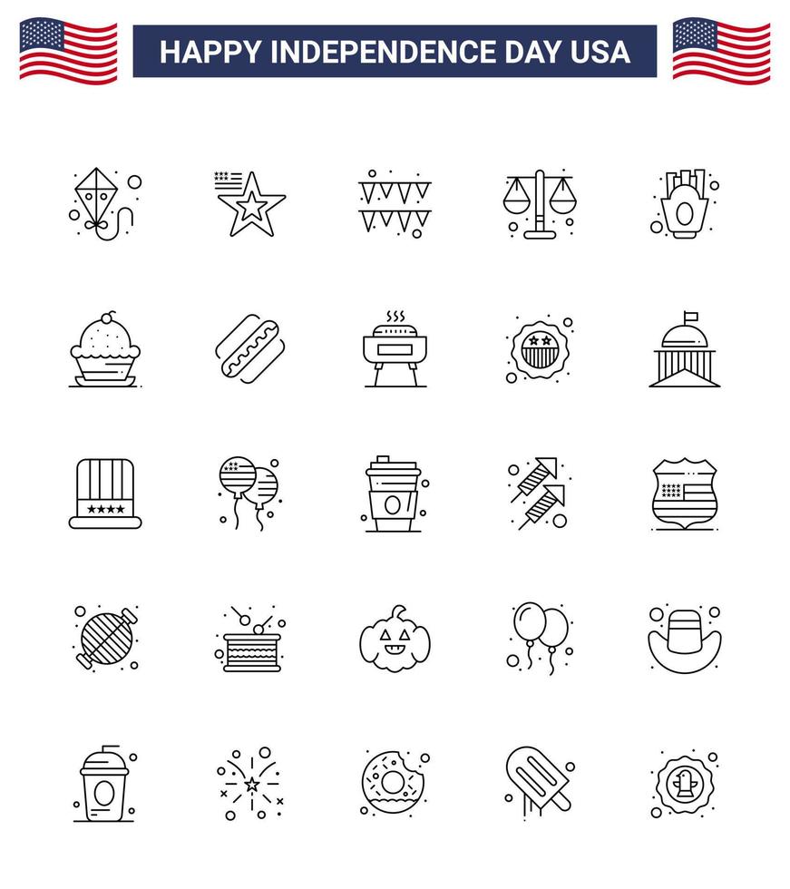 4:e juli USA Lycklig oberoende dag ikon symboler grupp av 25 modern rader av mat franska frites krans pommes frites lag redigerbar USA dag vektor design element