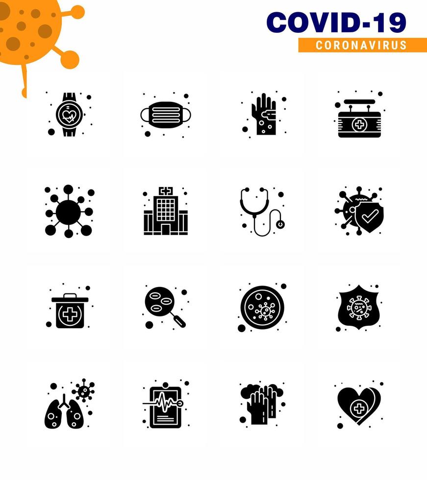 16 solide Glyphe schwarze Coronavirus-Krankheit und Präventionsvektorsymbol medizinisches Board Sicherheitsvirus Hand virales Coronavirus 2019nov Krankheitsvektor-Designelemente vektor