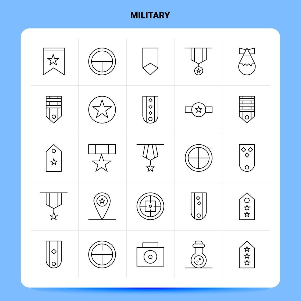 översikt 25 militär ikon uppsättning vektor linje stil design svart ikoner uppsättning linjär piktogram packa webb och mobil företag idéer design vektor illustration