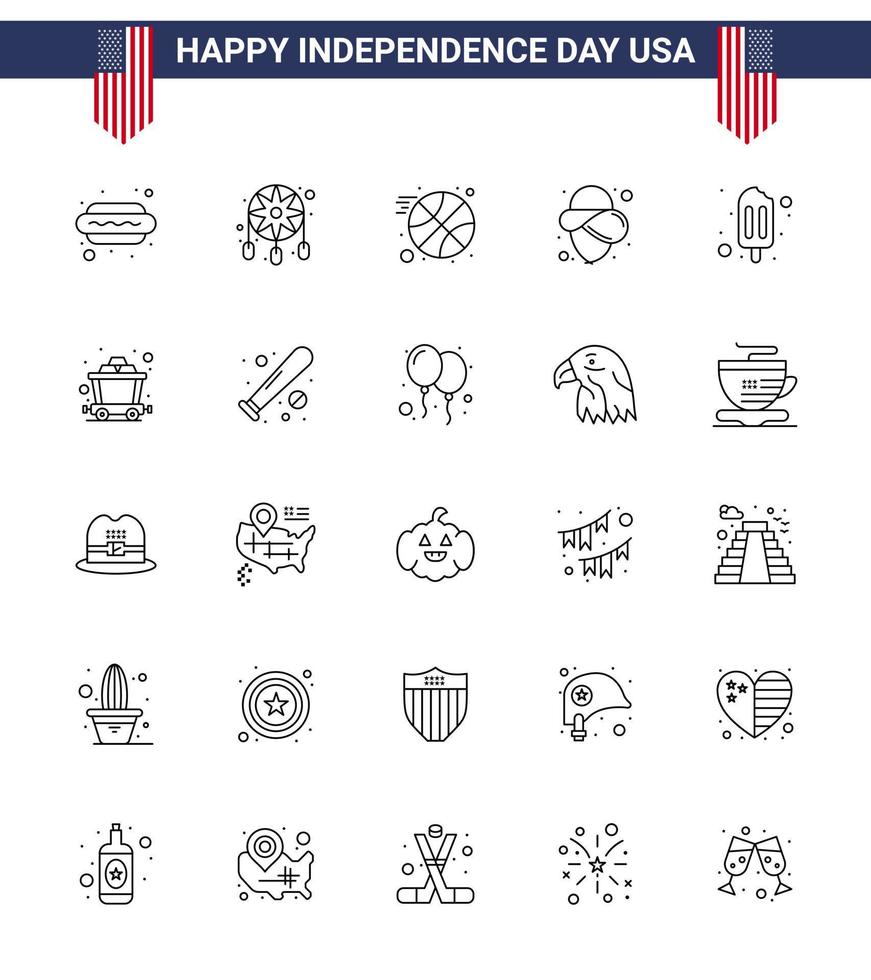 Packung mit 25 kreativen USA-Unabhängigkeitstag-bezogenen Linien von Karren-Eis am Stiel-Basketball-Eiscreme-Cowboy editierbare USA-Tag-Vektordesign-Elemente vektor