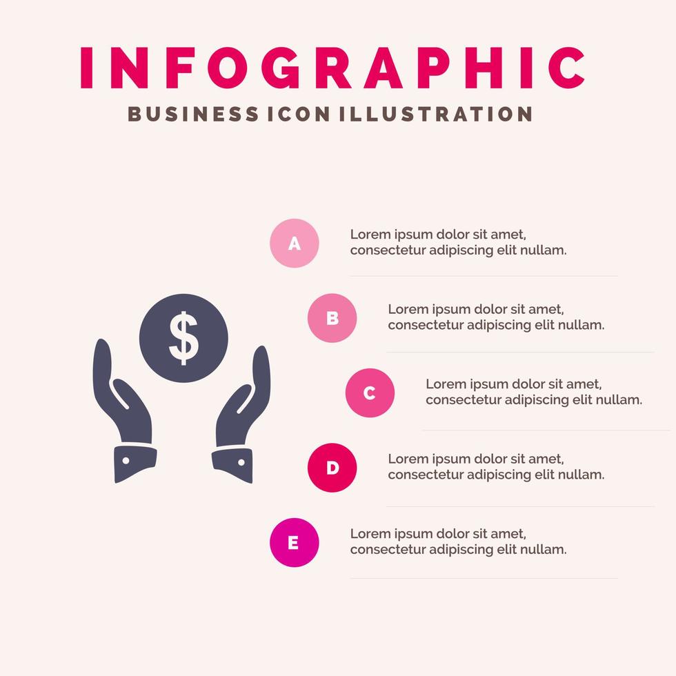 Versicherung, Finanzen, Versicherung, Geld, Schutz, solides Symbol, Infografiken, 5 Schritte, Präsentationshintergrund vektor