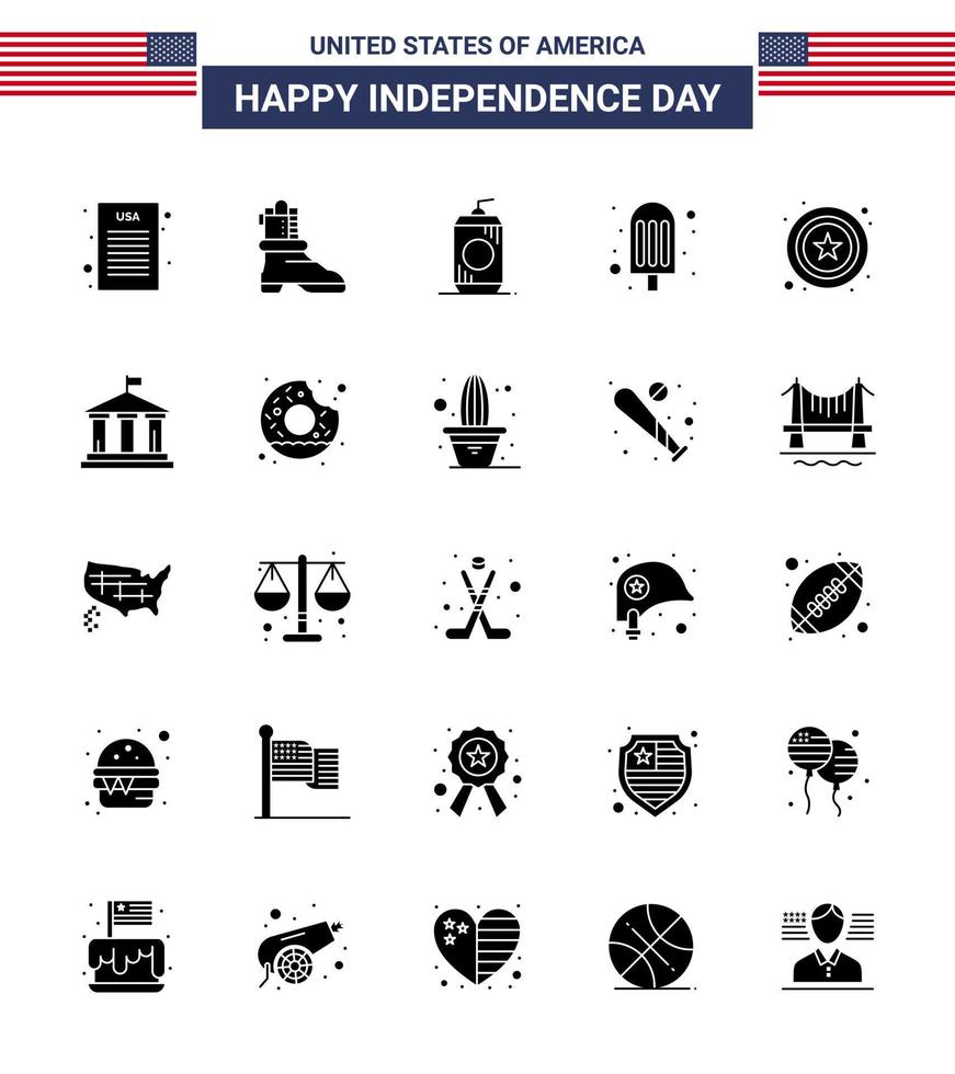Happy Independence Day 25 solides Glyphen-Icon-Pack für Web und Print Flag Sign Drink Star Ice Cream editierbare Usa-Tag-Vektordesign-Elemente vektor