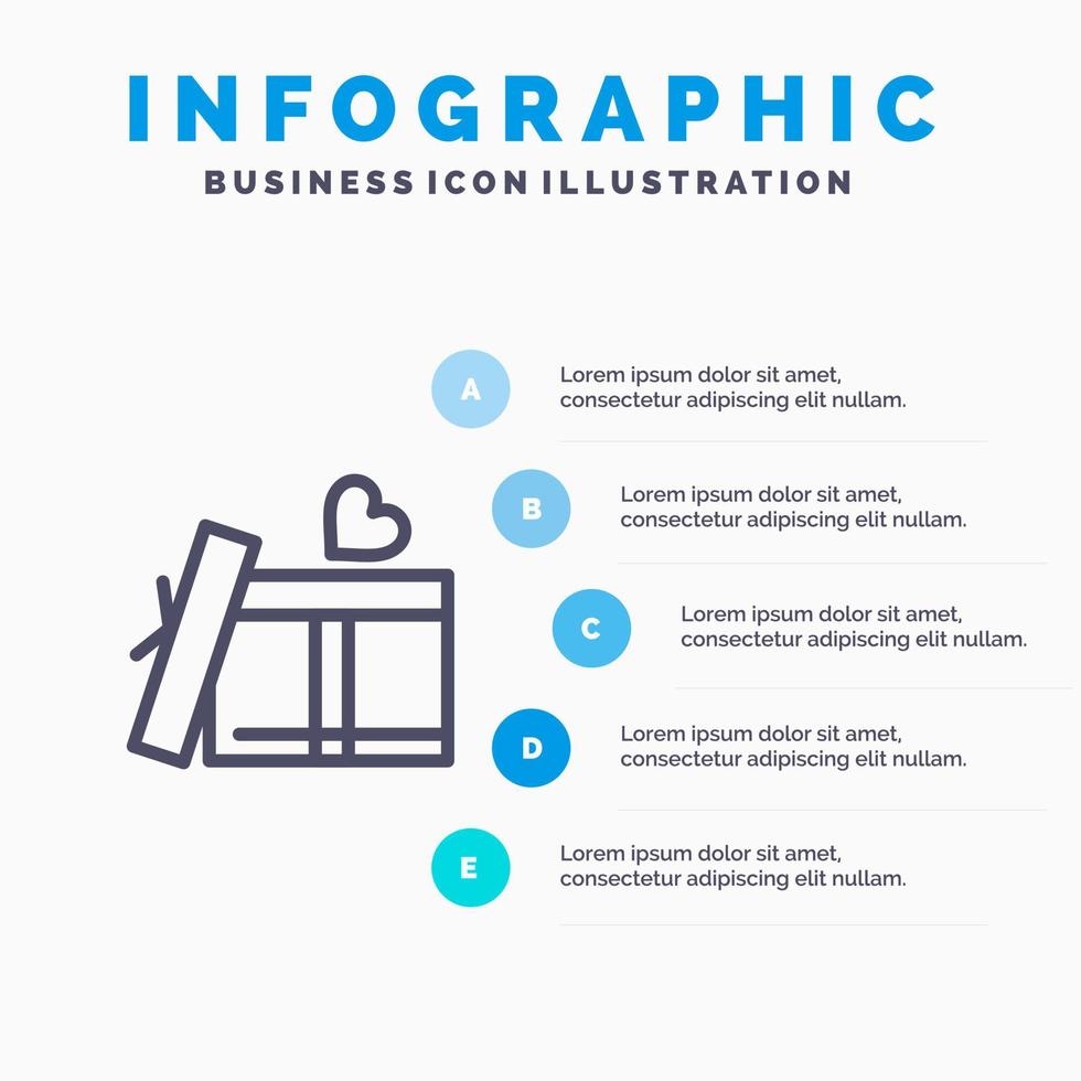 gåva låda hjärta kärlek blå infographics mall 5 steg vektor linje ikon mall