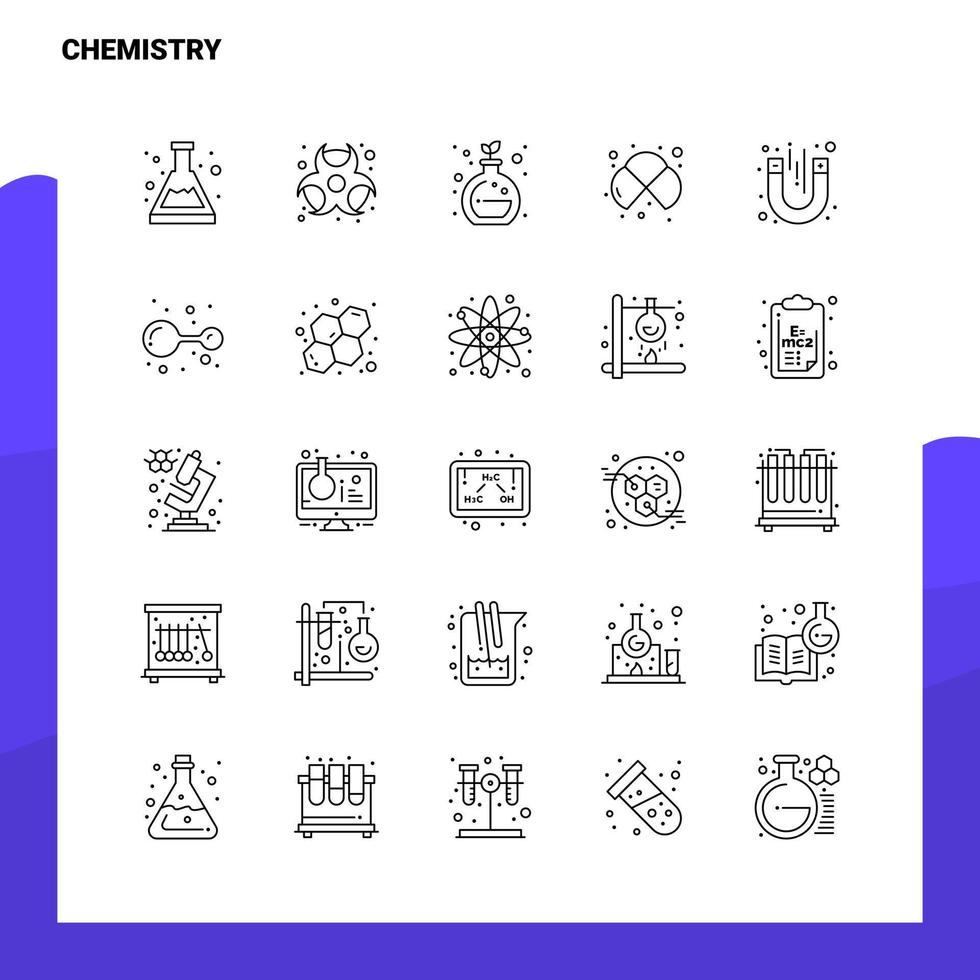 Satz von Chemie-Liniensymbolen Set 25 Symbole Vektor-Minimalismus-Stildesign Schwarze Symbole setzen lineares Piktogrammpaket vektor