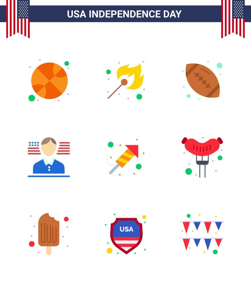 4:e juli USA Lycklig oberoende dag ikon symboler grupp av 9 modern flats av festival brand arbete boll flagga man redigerbar USA dag vektor design element