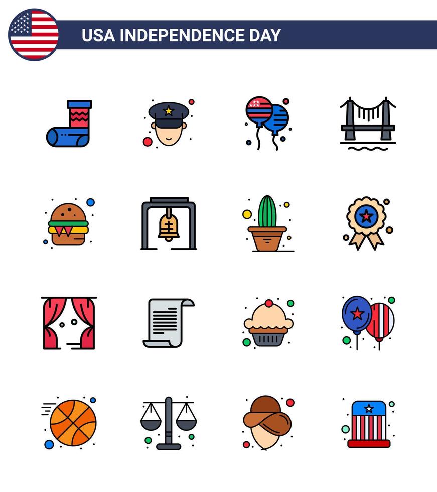 Lycklig oberoende dag 4:e juli uppsättning av 16 platt fylld rader amerikan pictograph av mat burger bloons stadsbild byggnad redigerbar USA dag vektor design element