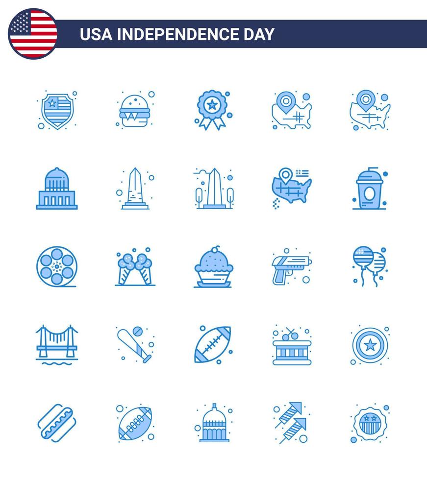 Happy Independence Day 25 Blues Icon Pack für Web und Print City Location Pin Independece Wisconsin States editierbare Usa Day Vektor Design Elemente