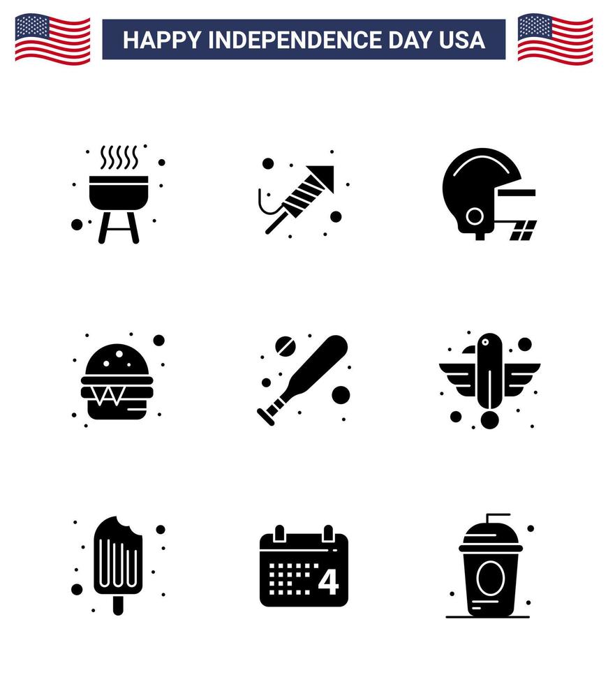 Happy Independence Day Pack mit 9 soliden Glyphen Zeichen und Symbolen für American Bat Football Baseball Food editierbare Usa Day Vektordesign-Elemente vektor