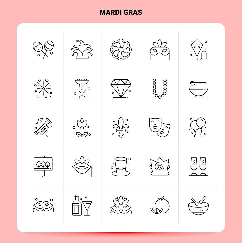 Umriss 25 Mardi Gras Icon Set Vektor Line Style Design Schwarze Icons Set Linear Piktogramm Pack Web und mobile Geschäftsideen Design Vektor Illustration