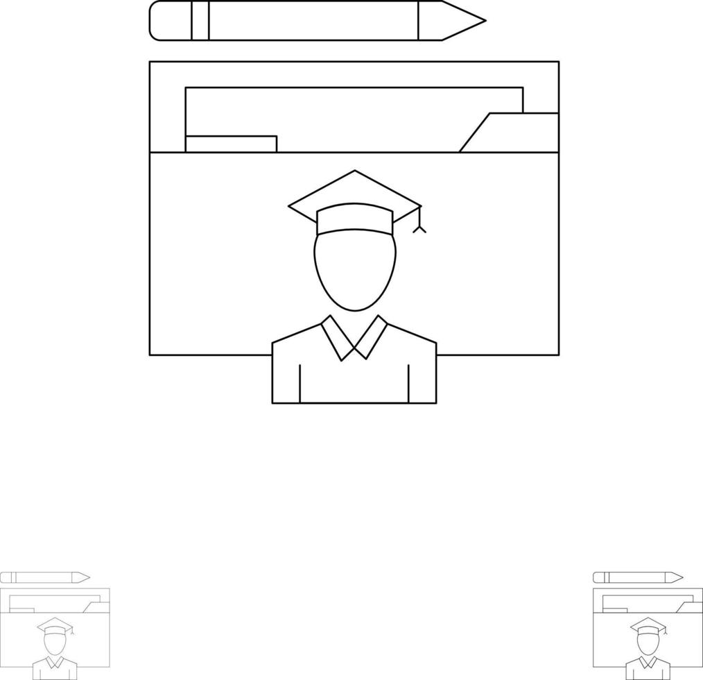 avatar bildungsabsolvent abschlussgelehrter fetter und dünner schwarzer liniensymbolsatz vektor