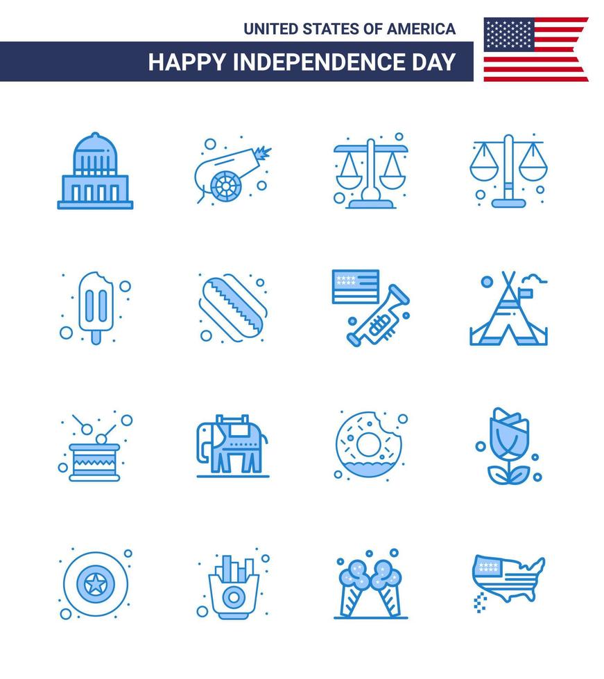 packa av 16 USA oberoende dag firande blues tecken och 4:e juli symboler sådan som stater amerikan domstol grädde is grädde redigerbar USA dag vektor design element