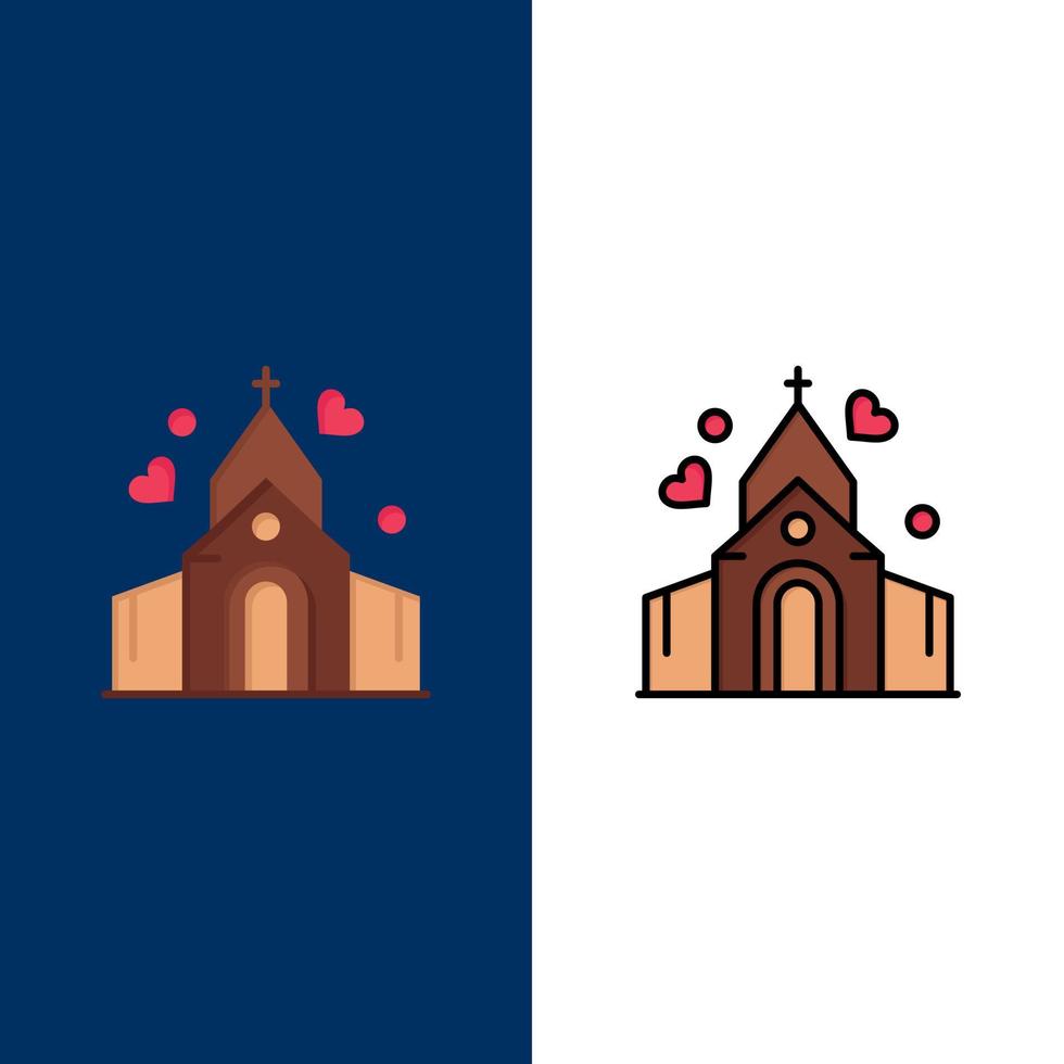 båge kärlek bröllop hus ikoner platt och linje fylld ikon uppsättning vektor blå bakgrund