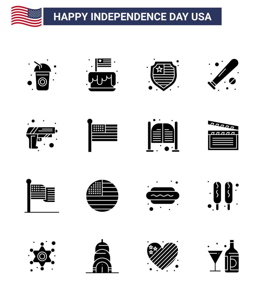 4:e juli USA Lycklig oberoende dag ikon symboler grupp av 16 modern fast glyfer av pistol sporter USA fladdermus boll redigerbar USA dag vektor design element