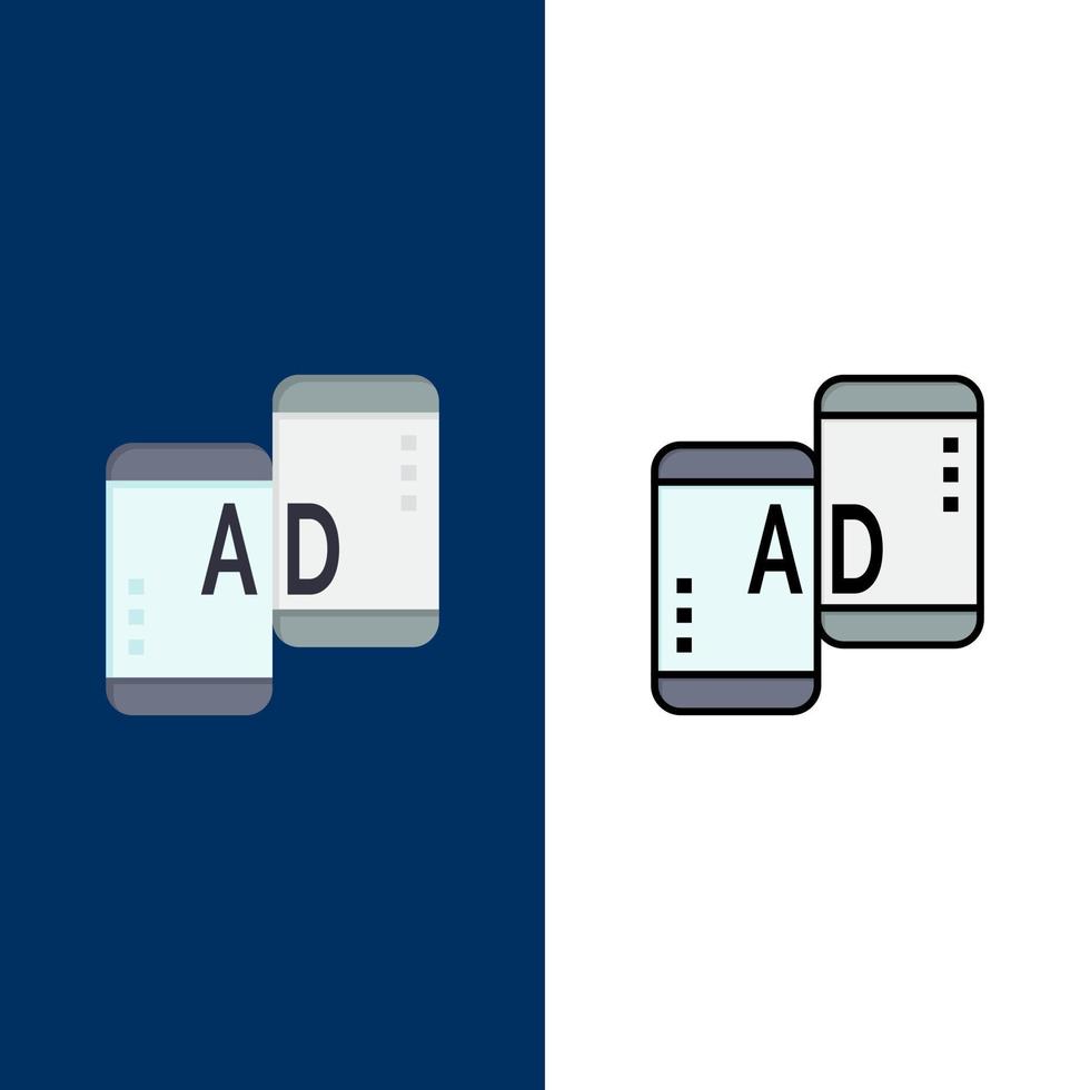 reklam mobil mobil reklam marknadsföring ikoner platt och linje fylld ikon uppsättning vektor blå bakgrund