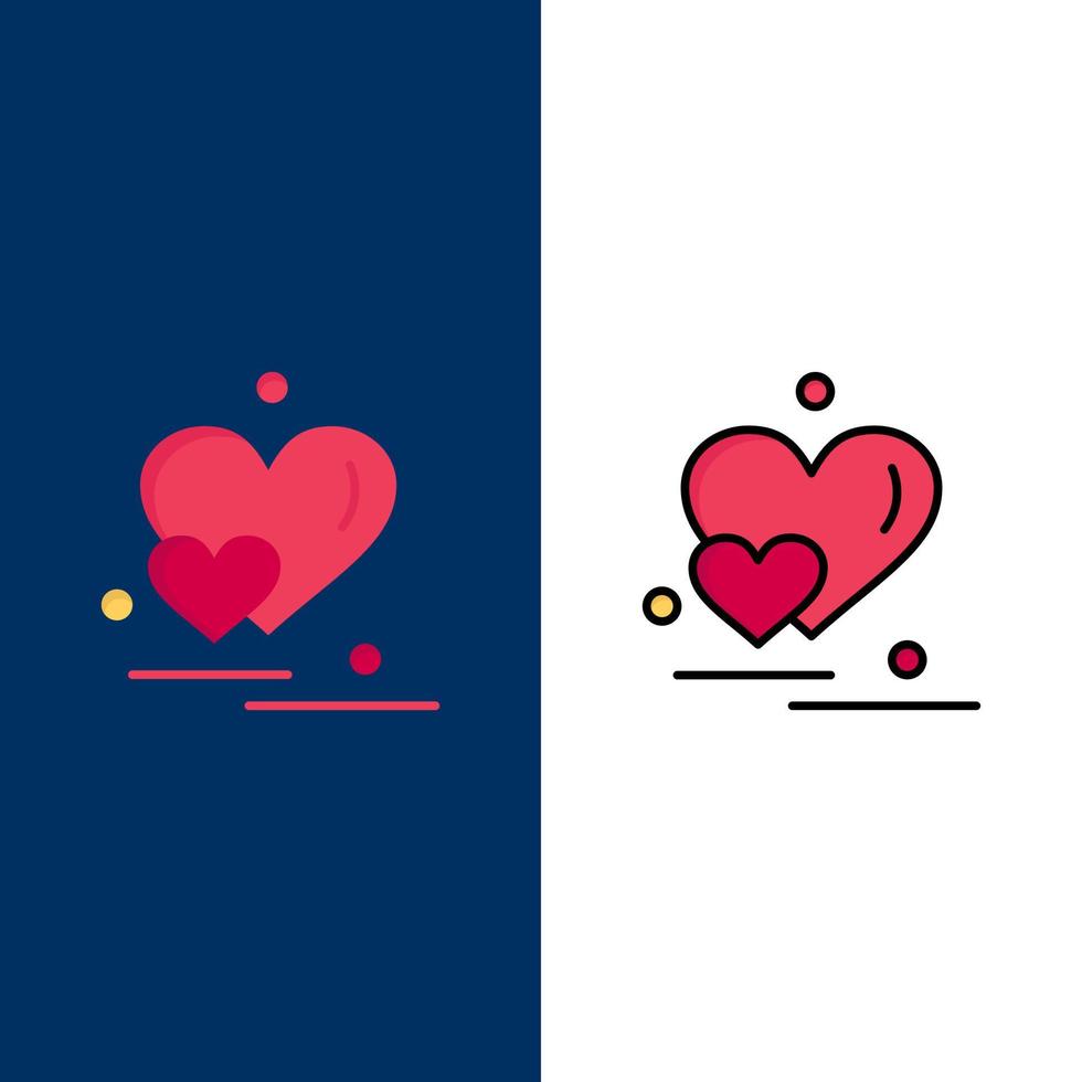 hjärta kärlek par valentine hälsningar ikoner platt och linje fylld ikon uppsättning vektor blå bakgrund