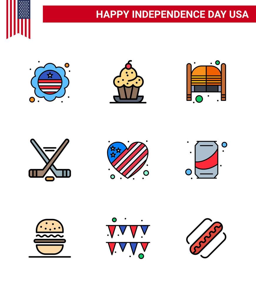 stor packa av 9 USA Lycklig oberoende dag USA vektor platt fylld rader och redigerbar symboler av amerikan is sport tacksägelse hokey dag redigerbar USA dag vektor design element