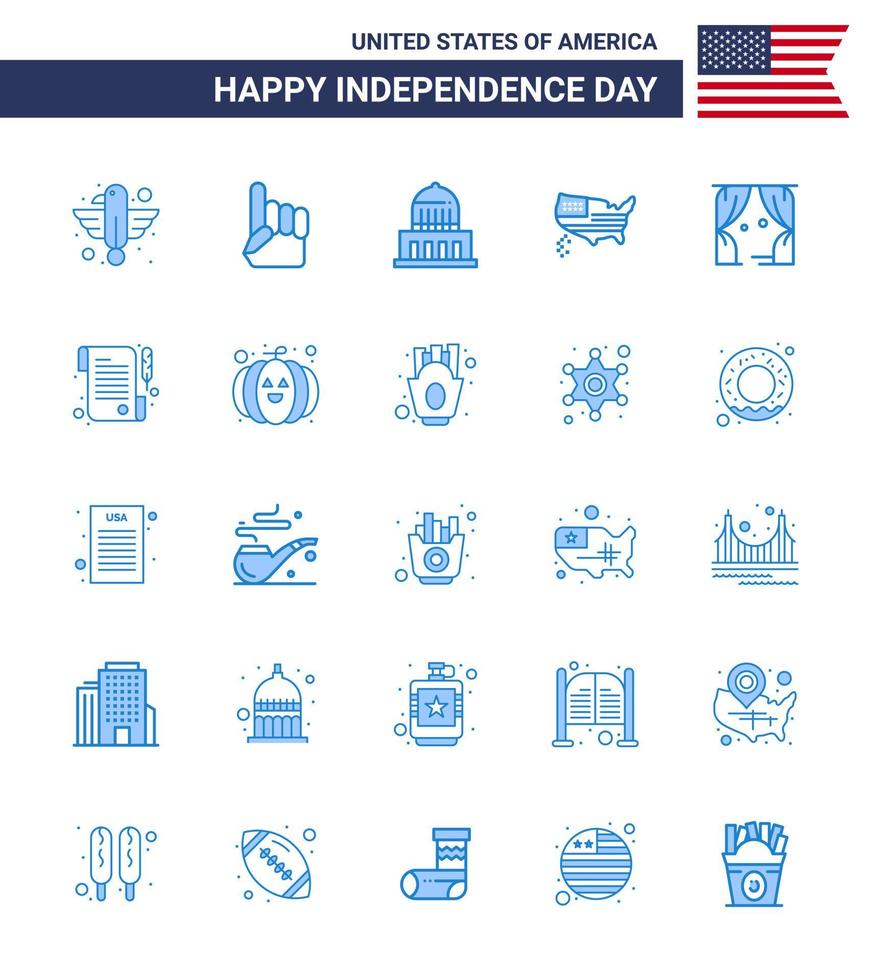 Usa Happy Independence Day Piktogrammsatz von 25 einfachen Blues of Entertainment Thanksgiving American Map Usa editierbare Usa Day Vektordesign-Elemente vektor