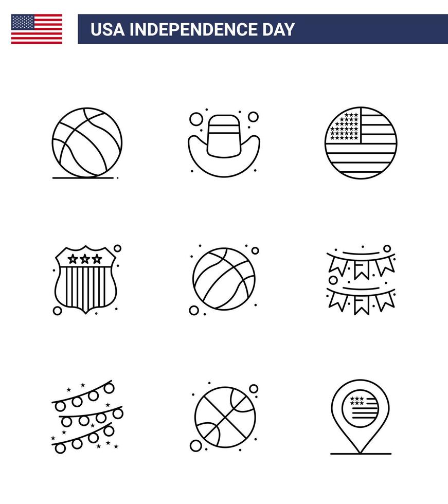 Lycklig oberoende dag 4:e juli uppsättning av 9 rader amerikan pictograph av USA boll flagga amerikan undersöker redigerbar USA dag vektor design element