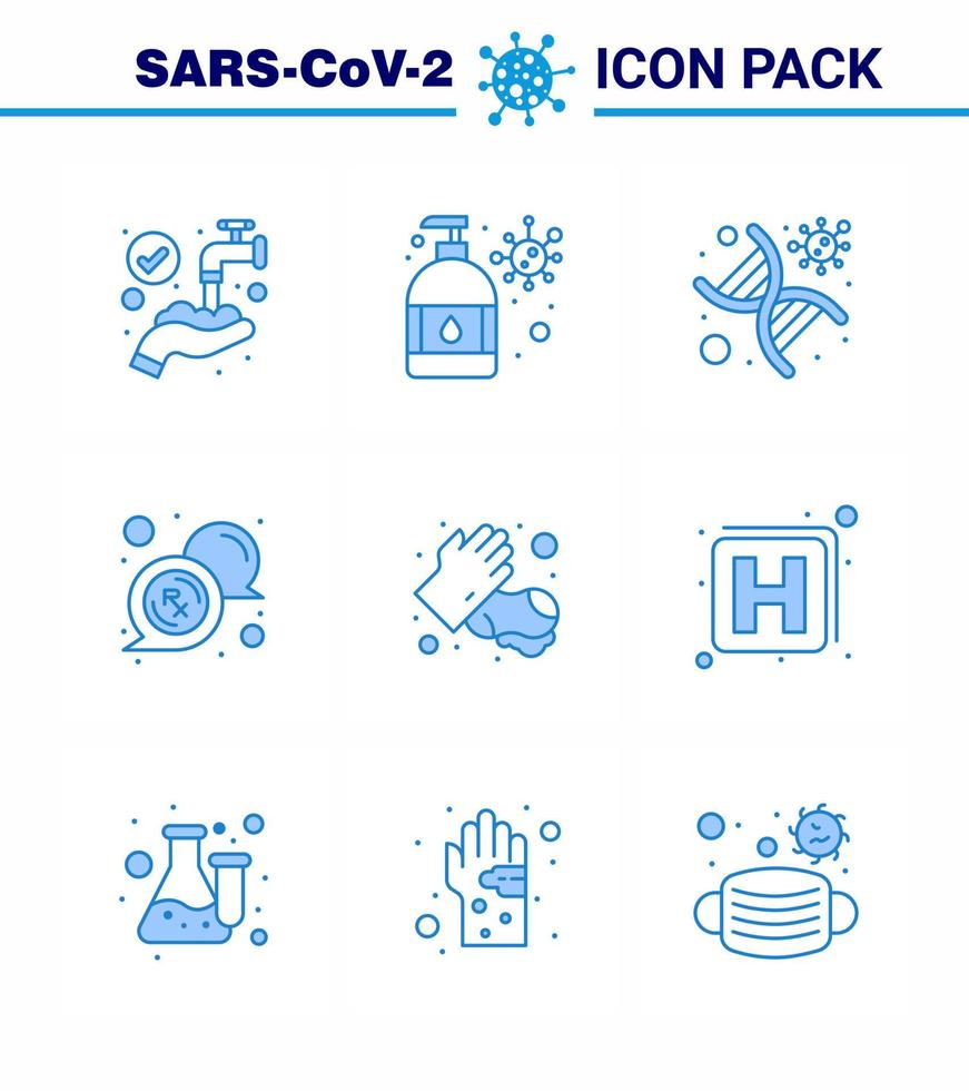 Coronavirus-Prävention Set Icons 9 blaues Symbol wie Seifennachricht dna medizinisches Virus virales Coronavirus 2019nov Krankheitsvektor-Designelemente vektor